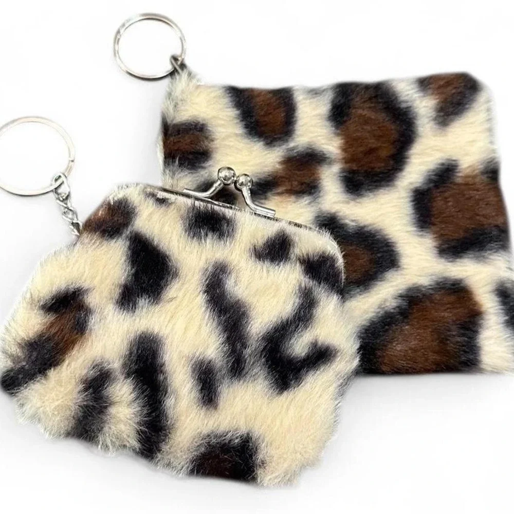 NWOT Fuzzy Animal Print Keychains with Cream Base & Silver Hardware